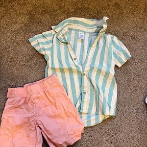 Green and White Striped Button-Up Shirt with Pink Shorts